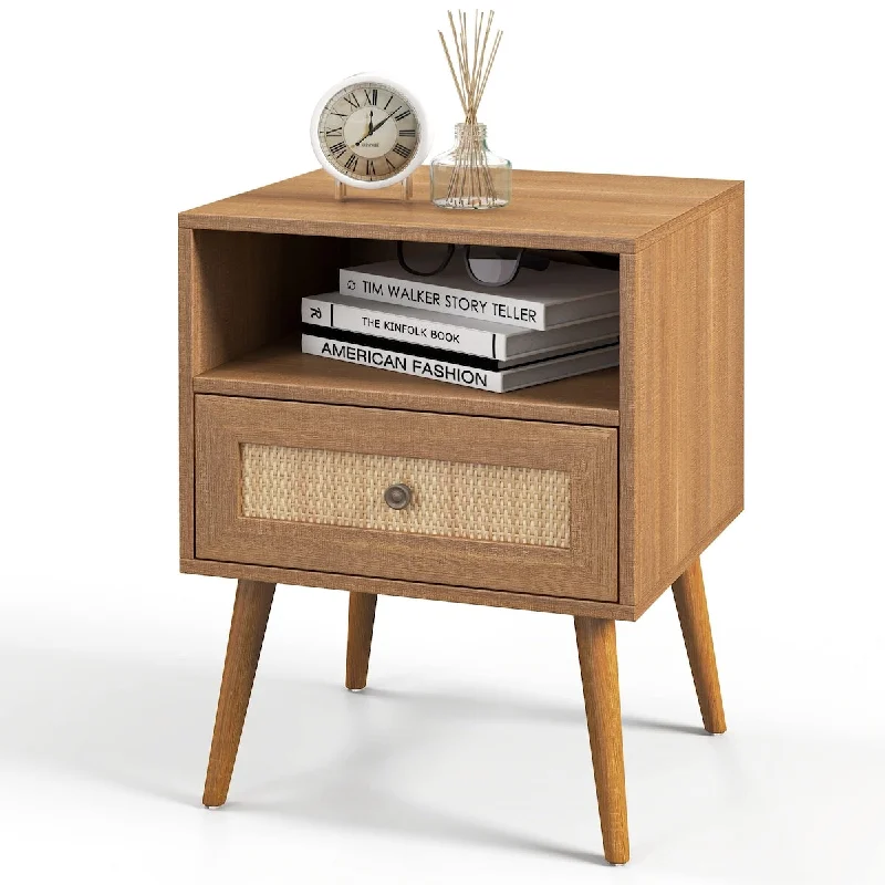 Set of 2 Walnut Rattan Nightstands with Drawer and Open Storage Shelf, Small Night Stand with Solid Wood Legs