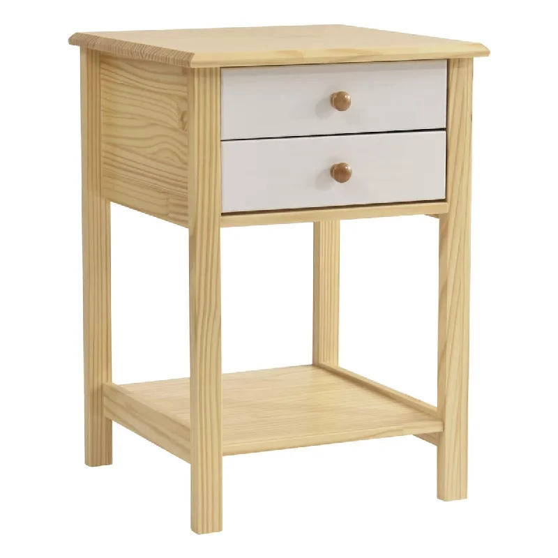 Solid Pine Wood 2 Drawer Nightstand in White & Natural