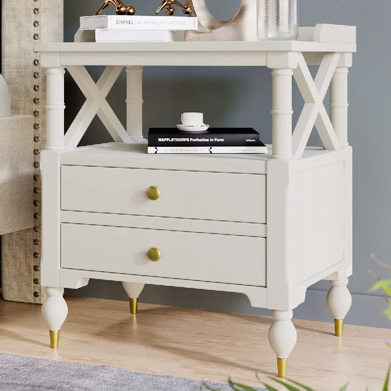 Solid Wood Nightstand - 2 Drawers, Gold Handles