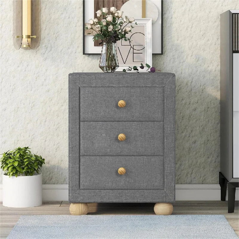 Upholstered Storage Nightstand 3 Drawers Natural Wood Knobs Dark Gray