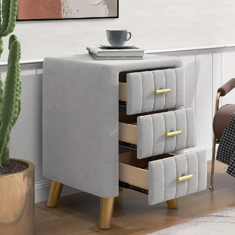 Upholstery Wood Nightstand with Three Drawers, Gray