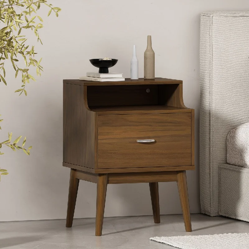 Walnut Faux Wood Nightstand with Sizable Drawer and Simple Silver Pull Handle