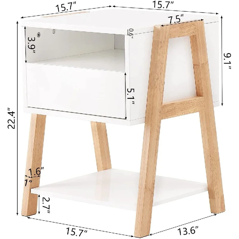 White Nightstand with Solid Wood Legs