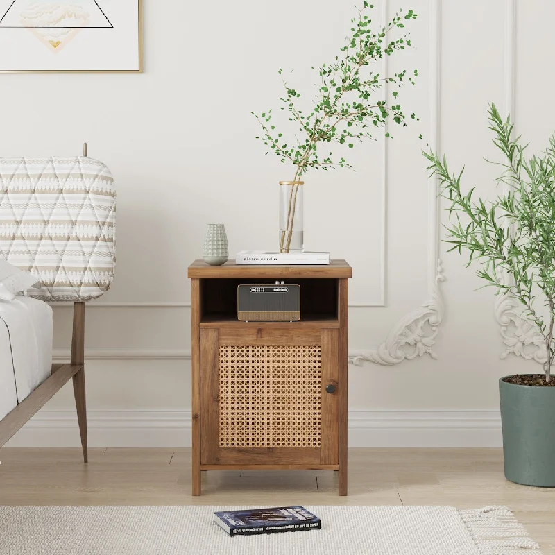 Wood and Rattan Nightstand