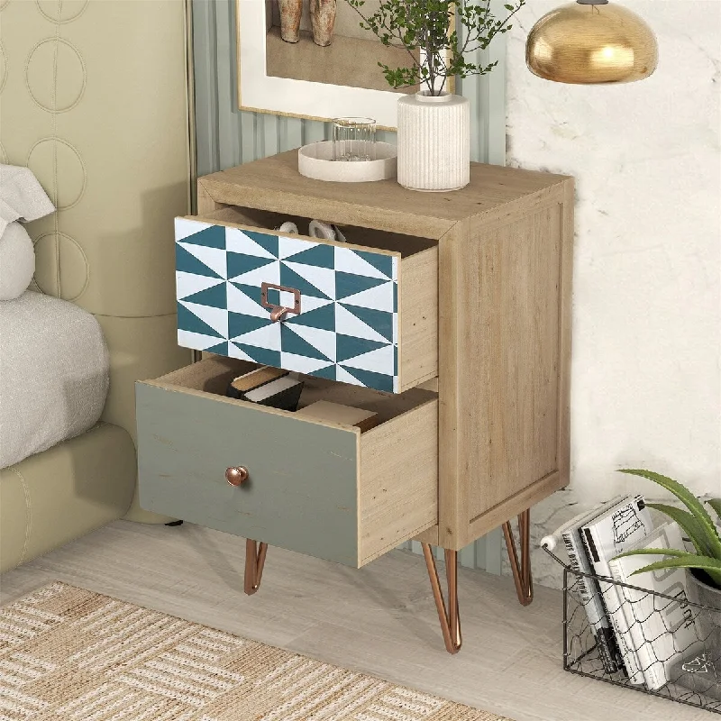 Wooden Nightstand with 2 Drawers and Metal Feet